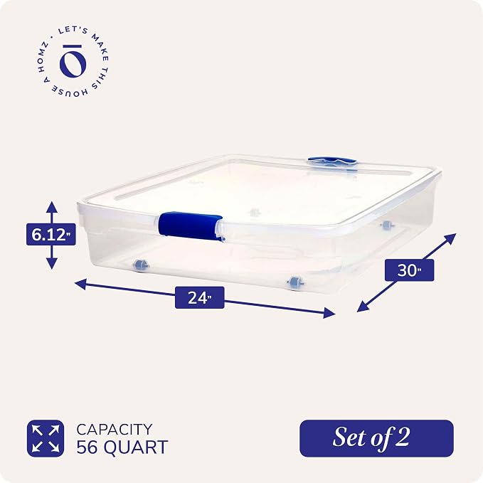HOMZ 2-Pack Under Bed Storage, Clear Plastic Containers with Lids, 56 Quart, Blue Latch - Stackable Underbed Organizer Bins for Shoes, Bags, Clothes, and Towels - Image 4