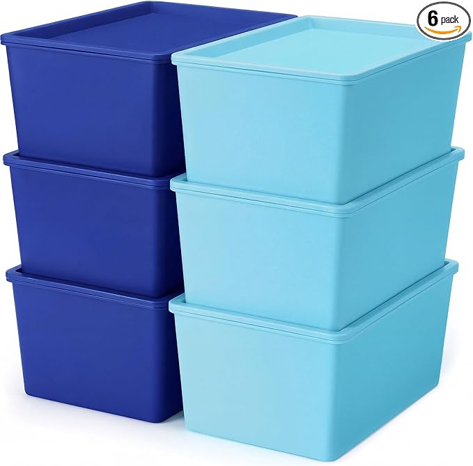 6 Pcs Small Plastic Storage Bins with Lids,Blue Series by Menkxi