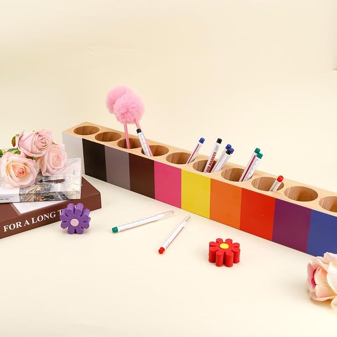 Wooden Colored Pencil Holder Organizer | 11 Compartments Desk Organizer Marker Pen Storage Stand for Kids - Image 3