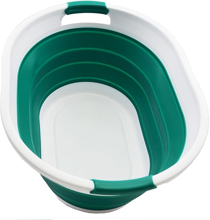 SAMMART 32L (8.4 gallon) Collapsible Plastic Laundry Basket - Foldable Pop Up Storage Container/Organizer - Portable Washing Tub, Water Capacity: 24L (1, White/Dark Green) by SAMMART