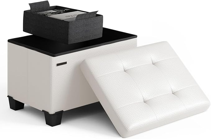 Storage Ottoman Cube with Small Bin, 16-in Square Ottoman with Storage for Living Room and Bedroom, Small Ottomans Foot Rest, Leather Foot Stools Ottomans Max 330lbs, Cream by STORAGEBUD