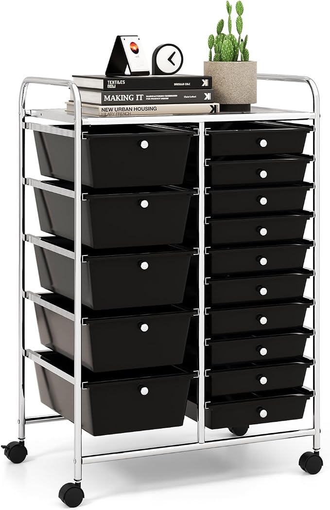 15 Drawer Rolling Storage Cart, Rolling Cart with Drawers for Classroom, Art Supply Craft Organizer on Wheel with Metal Frame & Handles for Home Office School by LDAILY