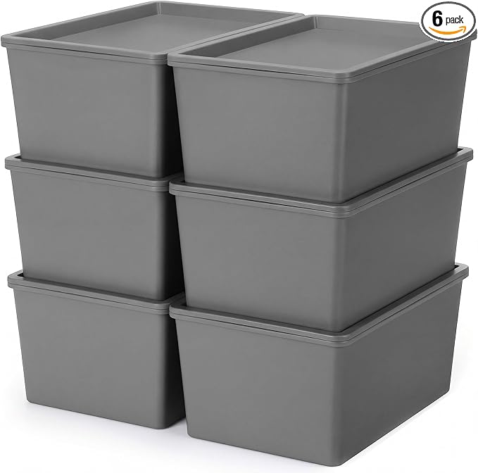 6 Pcs Small Plastic Storage Bins with Lids,Gray by Menkxi