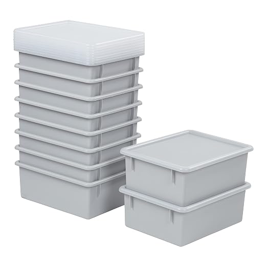 ECR4Kids Letter Size Tray Organizer with Lid, Large, 10-Piece, Light Grey | Durable plastic, GREENGUARD Gold Certified, 1 gallon capacity, stackable/nestable, easy-lift lids, classroom & home use by ECR4Kids