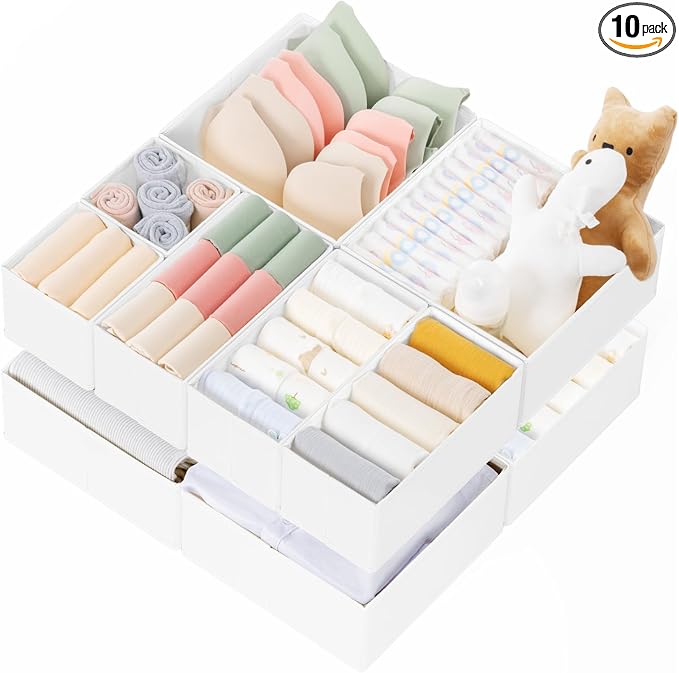 Drawer Organizer Clothes, 10 Pack Dresser Organizer for Baby Clothes, Underwear, Sock- Foldable Closet Organization and Storage Dividers Bins for Nursery, Bedroom (White) by Criusia