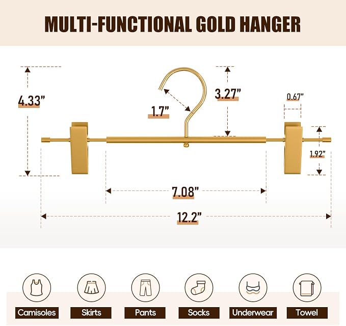 20 Pack Gold Metal Pants Skirt Hangers with Clips & Swivel Hooks | Lightweight Aluminum & Sturdy, Non-Slip Pads for Trouser, Skirts, Jeans, Scarf, Camisoles, Kids & Adults - Image 2