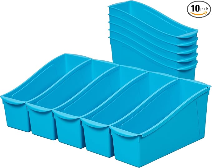 ECR4Kids Linking Plastic Storage Book Bin, Multipurpose Organization, Neon Blue, 10-Piece | Durable plastic with built-in handles, interlocking, nestable, ideal for books, magazines, and files in a classroom or office by ECR4Kids