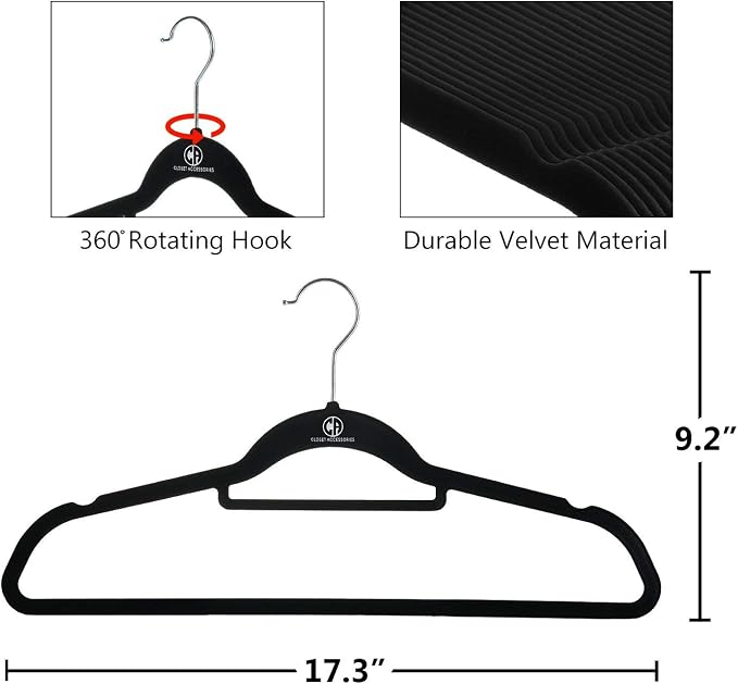 Black velvet hangers, ultra slim space saving, notches, tie bar, swivel hook, 30 pack, with bonus 20 matching velvet finger clips - Image 5