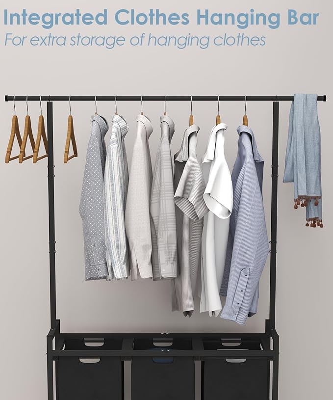Large Laundry Hamper with Clothes Rack Hanging Bar, 10 x 3 Gal Pull-Out & Removable Sorter Bags, Freestanding Laundry Basket Organizer for Bathroom, Bedroom and Laundry Room, Black - Image 2