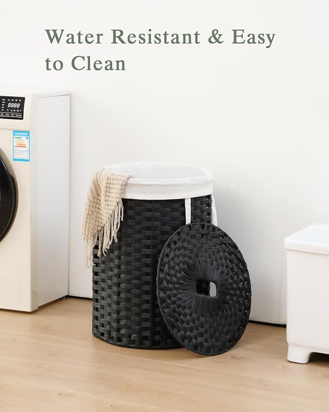 SETVSON Laundry Hamper with Lid 23.8 Gal Handwoven Laundry Basket Black | The lid hides dirty clothes, keeping spaces neat and fresh. 90 L Large Capacity, Stylish Design with Handles Easy Transport - Image 6