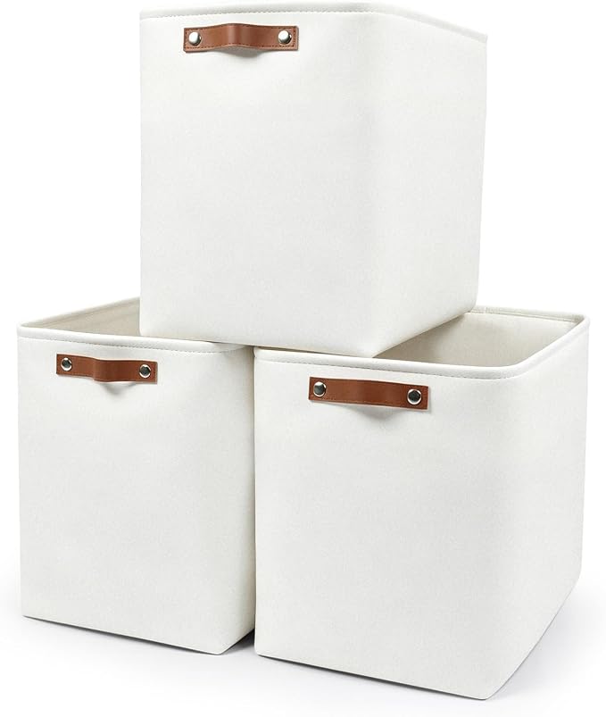 Large Fabric Storage Baskets | 50L Storage Bins, Decorative Linen Closet Baskets with Handles for Organizing, Shelf, Toys, Clothes, Home, Office, Nursery, 17x12x15Inches (White) by Bagnizer