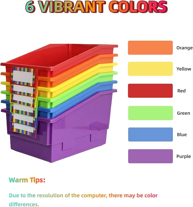 6 Pack Plastic Picture Book Classroom Library Bins with Dividers, Rainbow | Plastic Shelf Bin Organizer for Classroom Library, Book, Documents, Files Magazines, Multi-Purpose Book Holders with Labels - Image 3