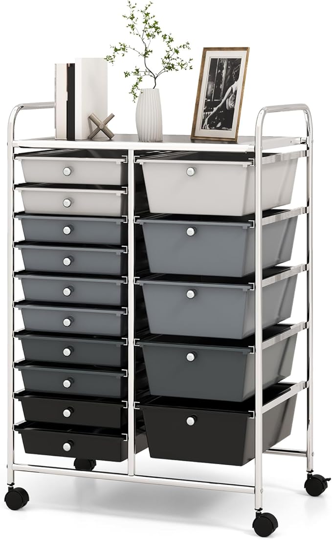 DREAMADE Rolling Cart with 15 Drawers, Rolling Drawer Organizer Cart w/Lockable Wheels, Removable & 2-Sized Storage Drawers, Art Cart for School Home Art Supplies Crafts File Scrapbook (Mixed-black) by DREAMADE