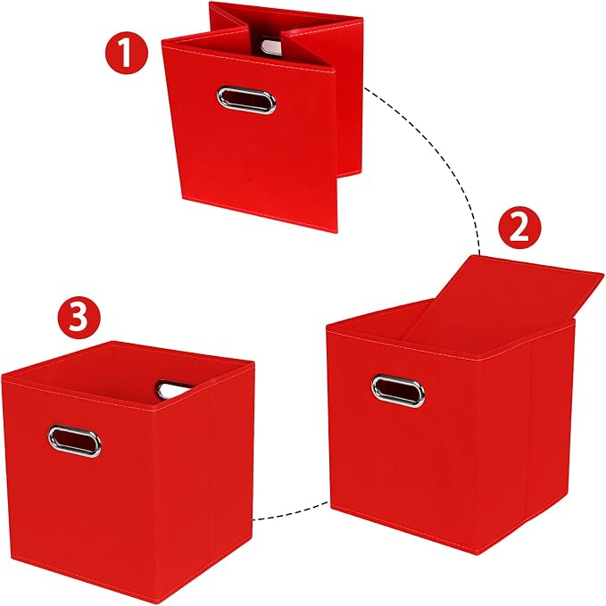 STOREONE Fabric Storage Bins Cubes Baskets Containers-(11X11X11) with Dual Handles for Shelf Closet, Nursery Home ， Bedroom Organizers, Foldable Set of 8 (Red) - Image 6