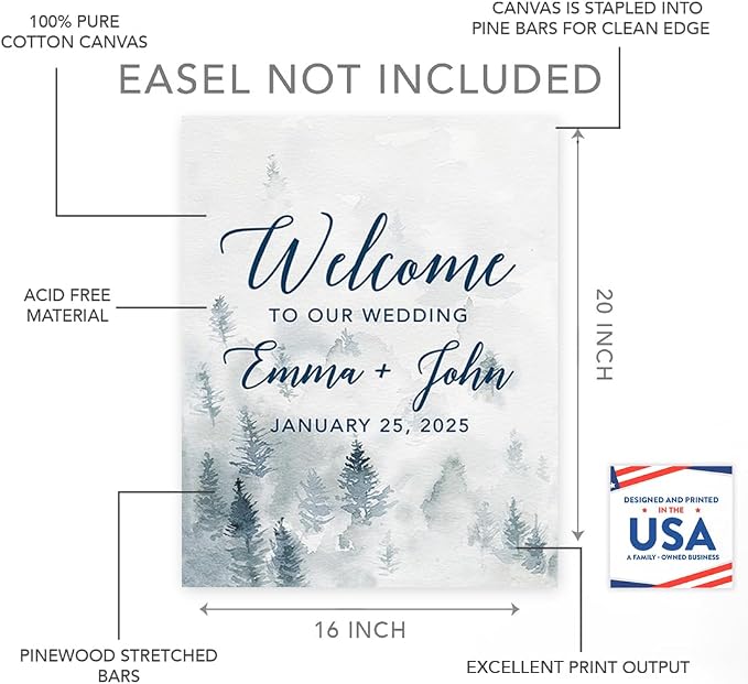 Andaz Press Custom Large Canvas Wedding Guest Book Alternative, 16 x 20 Inches, Winter White Watercolor Forest Vertical Personalized Sign Our Canvas Guest Book Signs For Wedding Rustic Woodland Theme - Image 2