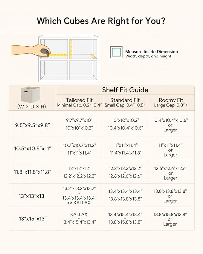 Cube Storage Bins | 11.8"x11.8"x11.8", Beige, 6 Pack | Multi-Size | 2X Thick Support Board | Vegan Leather Handles | 7.7 oz/yd² Fabric | 12"x12" Drawer Insert Basket - Image 3