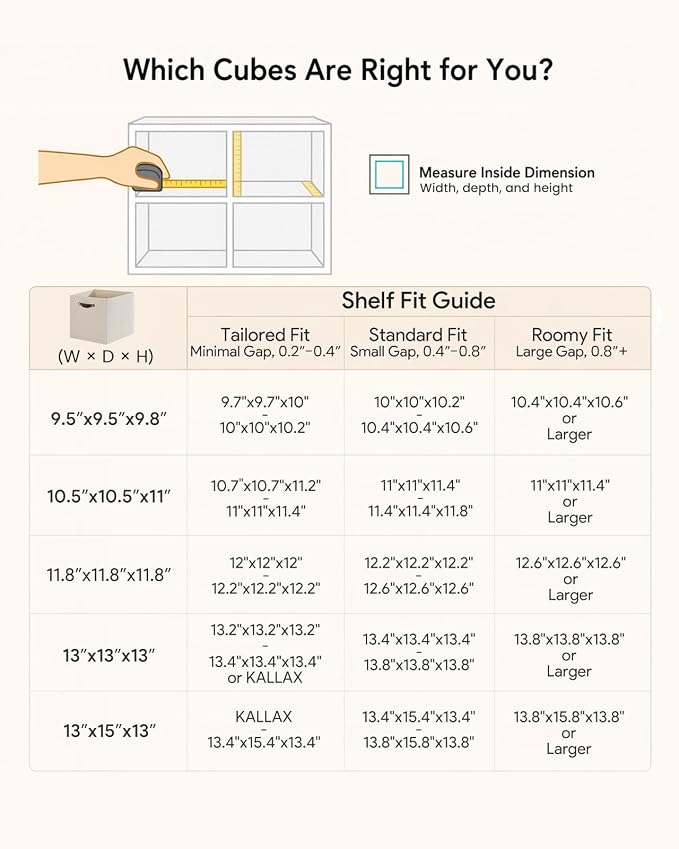 Cube Storage Bins | 10.5"x10.5"x11", Beige, 6 Pack | Multi-Size | 2X Thick Support Board | Vegan Leather Handles | 7.7 oz/yd² Fabric | 11"x11" Drawer Insert Basket - Image 3