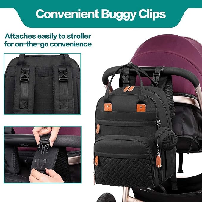KAUKKO Baby Diaper Backpack Multifunction Travel Organizer with Stroller Straps Large Capacity and Durable (T1BLACK) (MBLACK) - Image 3