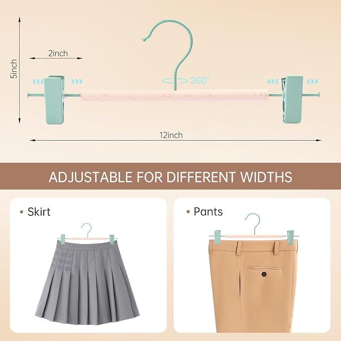 Wooden Pants Hangers with Clips 12 Pack, Heavy Duty Adjustable Clip Non Slip Skirt Hanger for Jeans, Trousers, Short, Clothes, Space Saving Closet Organizer (Green, 12 Pack) - Image 4