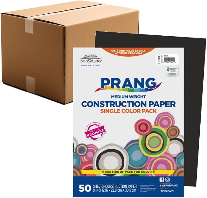 Prang Construction Paper, 9" x 12", Black, 50/Pack, 50 Packs | Formerly SunWorks, Class Pack, 2500 Sheets Total, P6303 by Prang