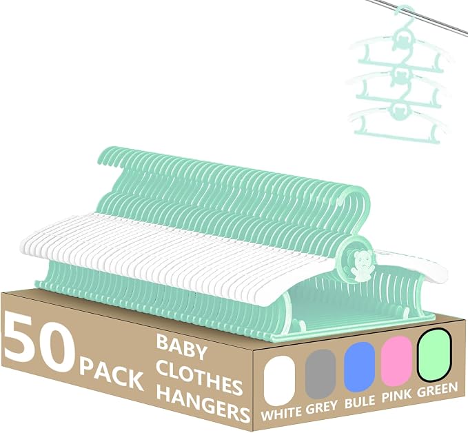 Baby Clothes Hangers 50 Pack, Plastic Kids Hangers Space Saving for Closet | Green Hanger for Toddler Boy and Girl, Lightweight Anti-Slip Cascading Padded Extendable Adjustable Pant Bear Children Hangar by HGYZE