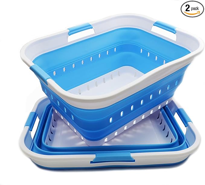 SAMMART 42L (11 gallon) Collapsible Plastic Laundry Basket - Foldable Pop Up Storage Container/Organizer - Portable Basket - Space Saving Hamper/Basket (2, White/Marine Blue) by SAMMART