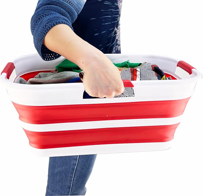 SAMMART 21L (5.5 Galloons) Collapsible Plastic Storge Basket - Foldable Pop Up Storage Container/Organizer - Portable Washing Tub - Space Saving Hamper/Basket (White/Viva Magenta (Set of 2)) - Image 7