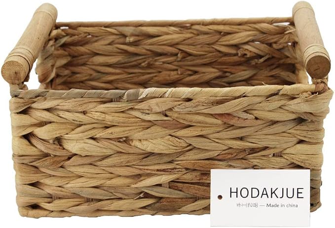 Natural Woven Water Hyacinth Storage Basket with Wood Handles, Small | Rectangular wicker‑style bin, decorative accent, for shelves, bathroom, pantry, closet organization, countertop use - Image 6