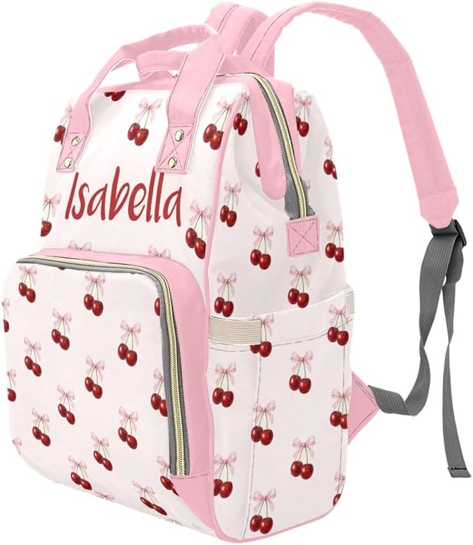 Custom Name Diaper Bag Backpack – Pink Bow with Cherry Personalized Baby Nappy Bag with Insulated Bottle Holders – Waterproof Large Capacity Travel Backpack Gift for Parents - Image 2