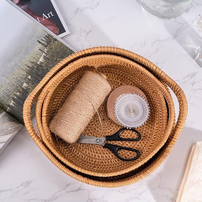 Rattan Storage Basket, Hand Woven Fruit Basket with Handles, Wicker Serving Basket, Bread Basket, Decorative Baskets for Organizing, Set of 2 - Image 8