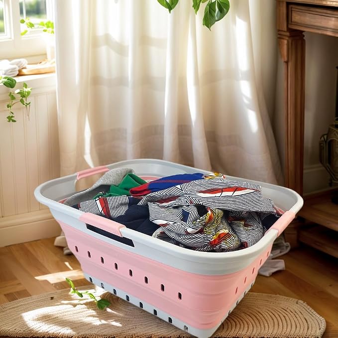 SAMMART 42L (11 gallon) Collapsible Plastic Laundry Basket - Foldable Pop Up Storage Container/Organizer - Space Saving Hamper/Basket (Grey/Quartz Pink) - Image 5