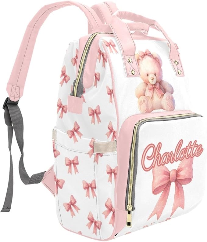 Personalized Cute Bear with Bow Diaper Bag Backpack with Custom Name – Waterproof Multi-Pocket Baby Nappy Bag for Moms and Dads – Large Capacity Travel Backpack & Shower Gift for Baby - Image 3