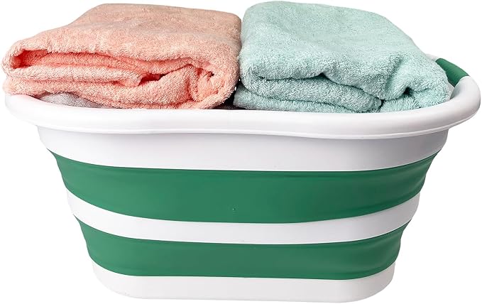 SAMMART 40L (10.5 gallon) Set of 2 Collapsible Plastic Laundry Hamper - Foldable Pop Up Storage Container/Organizer - Portable Washing Tub - Space Saving Basket (2, White/Winter Green) - Image 3