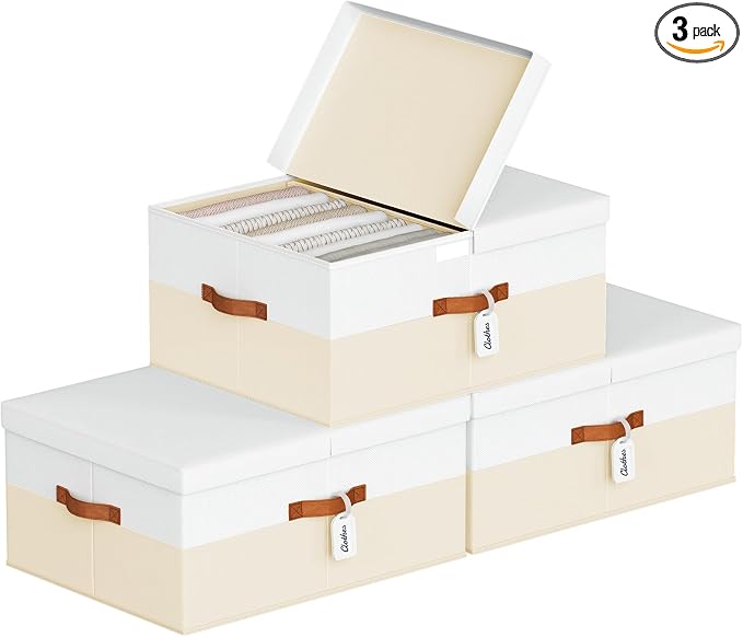 Extra Large Storage Bins - 3 Pack Closet Storage Boxes with Double-Open Lid & Divider Board, Stackable Colthes Storage Organizer, Fabric Basket with Label Tag for Home, Laundry by Homsorout