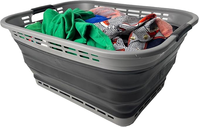SAMMART 42L (11 Gallons) Collapsible Plastic Laundry Basket - Foldable Pop Up Storage Container/Organizer - Portable Washing Tub - Space Saving Hamper/Basket [BPA Free] (Grey/Black) by SAMMART
