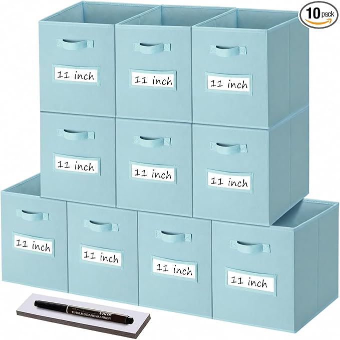 Storage Bins,11" Cube Storage Bin with Labels,10pcs,Sky Blue | Fabric Storage Cubes for Shelves,11 Inch storage cube bins with 10 Labels Window Cards & a Pen. by Anyoneer