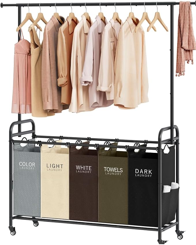 Laundry Sorter Cart with Hanging Rack, 5 Section, 5 Colors | 246L Rolling Laundry Hamper with Lockable Wheels and Removable Bag, Laundry Basket Organizer for Bathroom, Laundry Room by Tajsoon