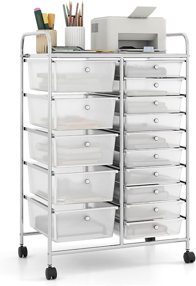 RELAX4LIFE 15-Drawer Rolling Storage Cart - Utility Cart with Metal Frame, Lockable Wheels & Removable Drawers, Multipurpose Art Craft Organizer for Home Office, Classroom (Clear) by RELAX4LIFE