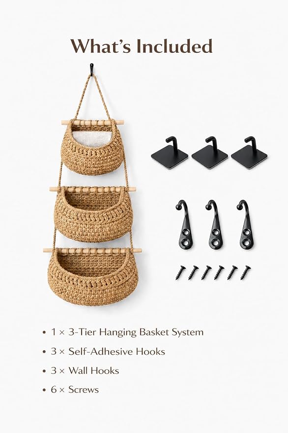 Hanging Wall Basket (3-Tier) Organizer – Cotton Rope Wall Storage for Bathroom, Kitchen & Nursery – Detachable Baskets + No-Drill Adhesive Hooks Included (Renter Friendly) - Image 8
