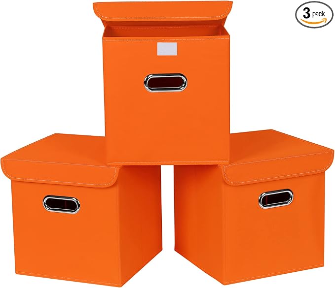 Closet Organizers Fabric Storage Bins With Lids Collapsible Cube Storages Organizer Basket With Handles,Storage Boxes for Clothes Storage,Office,Toys,3 Pack,（Orange by SEVENDOME