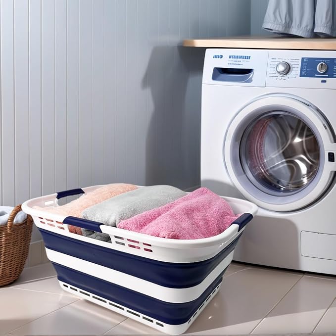 SAMMART Set of 2 Collapsible Plastic Storage Basket - Foldable Pop Up Storage Container - Portable Laundry Organizer - Space Saving Hamper (White/Starry Blue, 42L (Style A)) - Image 5