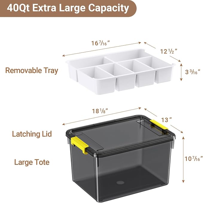 40Qt Stackable Storage Bins with Lid Tray Craft Box Organizer, 1Pack,GY | Clear Plastic Latching Boxes Organizers with Dividers Portable Containers for Arts & Crafts, Home Office Classroom Car Trunk - Image 2