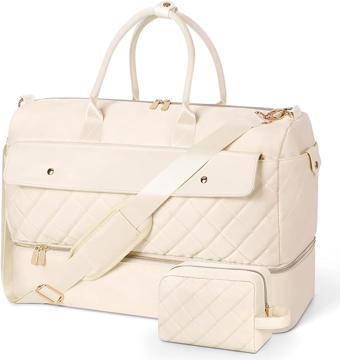 Travel Duffel Bag, Large Weekender Bag for Women with Shoe Compartment, Carry on Overnight Bag with Toiletry Makeup Bag, Gym Duffel Bag Travel Tote Bag for Travel Gym Camping Hospital, Beige by Wedama