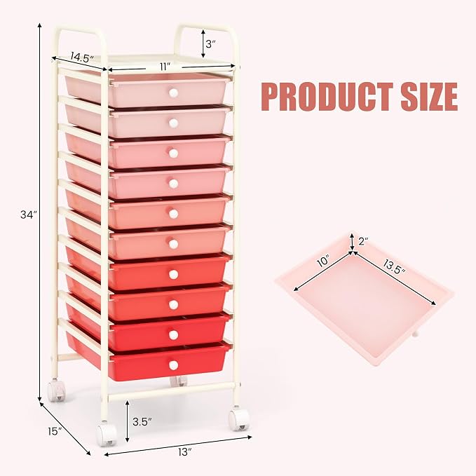 GOFLAME 10-Drawer Rolling Storage Drawer Cart, Utility Cart with Removable Drawers & Metal Frame, Mobile Art Craft Drawer Cart with Lockable Wheels for Home, Office, Studio, School, Pink - Image 3