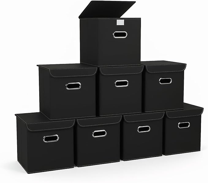 Closet Organizers Fabric Storage Bins With Lids Collapsible Cube Storage Organizer Basket With Handles,Storage Boxes for Clothes Storage,Office,Laundry,Shelves,8 Pack,（Black） by SEVENDOME