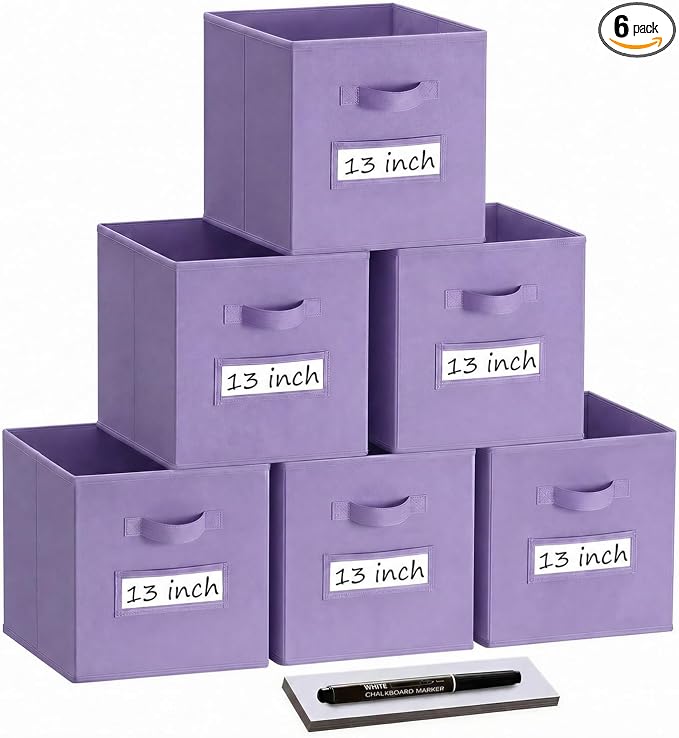 Storage Bins,13 Inch Cube Storage Bin with Labels,6pcs,Purple | Fabric Storage Cubes for Shelves,13 Inch storage cube bins with 6 Labels Window Cards & a Pen. by Anyoneer