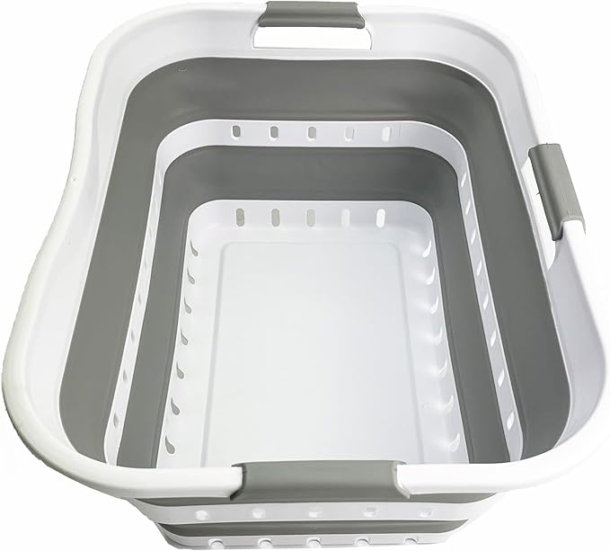 SAMMART 42L (11 gallon) Collapsible Plastic Laundry Basket - Foldable Pop Up Storage Container/Organizer - Space Saving Hamper/Basket (1, Grey/White) by SAMMART