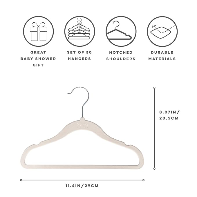 3 Sprouts Velvet Baby Hangers, Non Slip Slim, Cream, 50 Pack | Non-slip velvet, Notched shoulders, 360-degree swivel hook, 11.75 x 8 in, Infant and toddler clothes, Soft colors for nursery - Image 2
