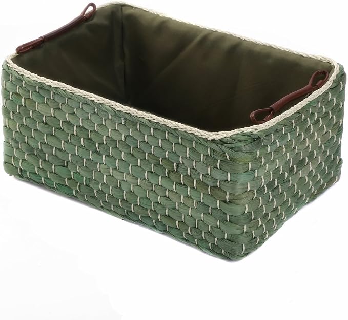Baskets Woven Maize Straw Storage Bins with Handle (Medium, Green) | cute rustic look, for countertop, bathroom, cabinet, organize towels, gifts, household sundries by KINGWILLOW