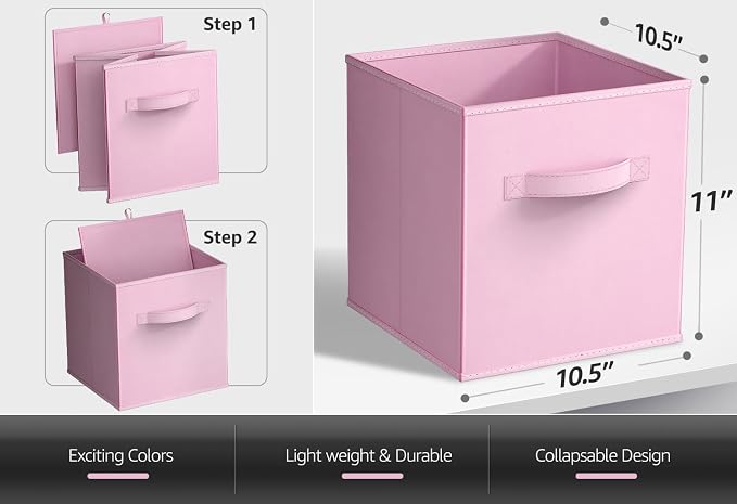 Sorbus Storage Cubes - 11 Inch Foldable Fabric Baskets for Organizing Pantry, Closet, Shelf, Toy Box, Cubby - 6 Collapsible Cloth Cube Storage Bins for Home, Nursery, Playroom, Bedroom (Pastel Pink) - Image 3